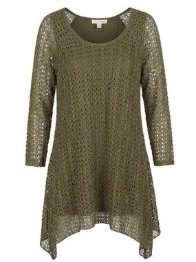 Knit tunic dress, Indigo Soul, metallic olive/gold patterned Lace overlay, Size